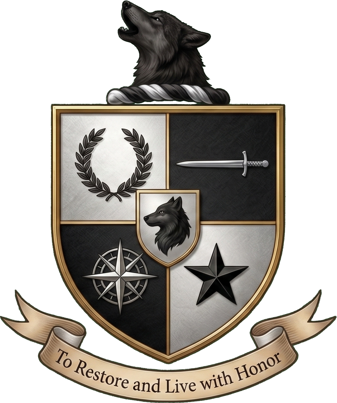 Guardians of Honor coat of arms with wolf, laurel, sword, compass rose, black star, and the motto To Restore and Live with Honor